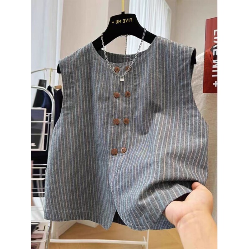 Foreign Trade European High-End Cotton and Linen Striped Sleeveless Short Jacket Suit Vest Women's Summer Thin Top Foreign Trade European High-End Cotton and Linen Striped Sleeveless Short Jacket Suit Vest Women's Summer Thin Top