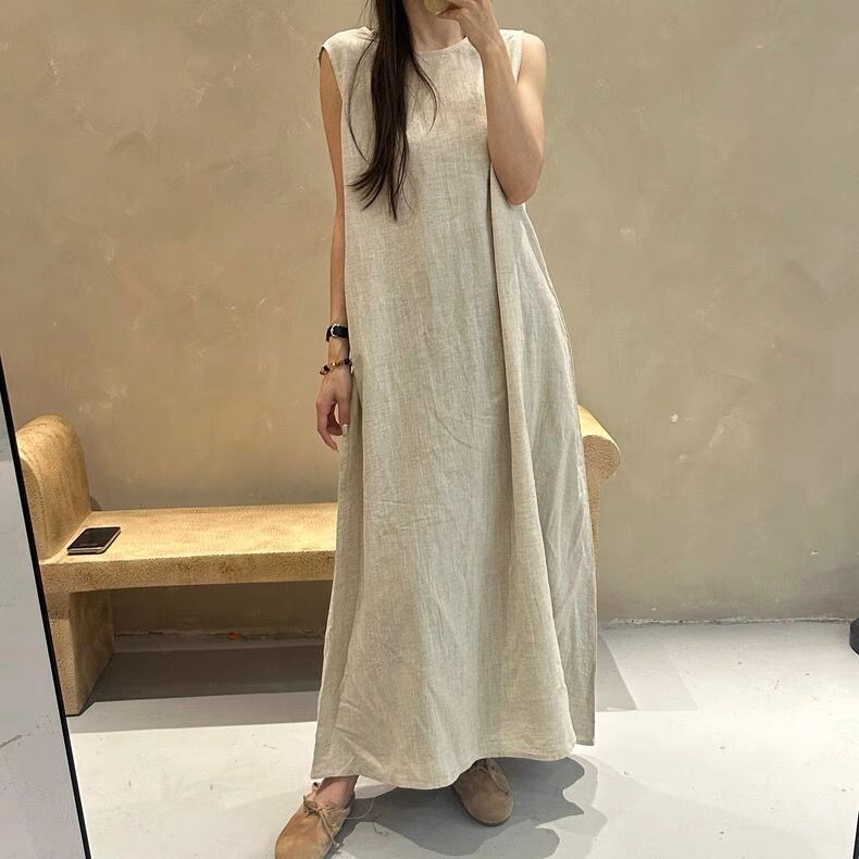 Japanese Style Export Export Women's Ramie Dress Summer Long Loose Large Hem Cotton Linen Linen Sleeveless Vest Dress