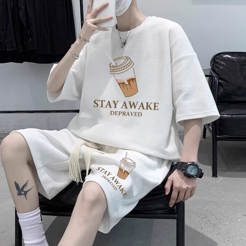 Fashionable Sports T-Shirt Set for Men, Summer Waffle Knit Short-Sleeve and Shorts Two-Piece Set, Trendy Casual Outfit Fashionable Sports T-Shirt Set for Men, Summer Waffle Knit Short-Sleeve and Shorts Two-Piece Set, Trendy Casual Outfit