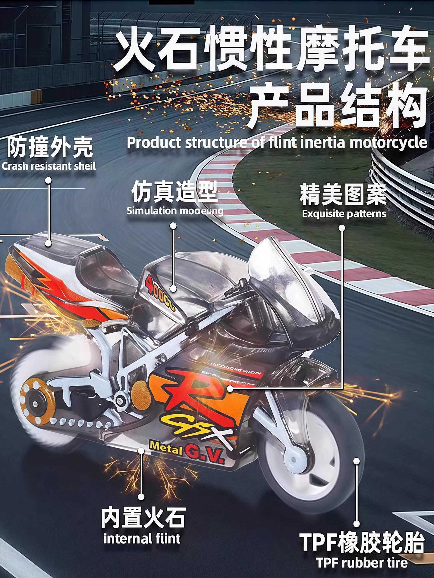 Spark Motorcycle, Super Cool Stunt Flint Inertia Motorcycle, Pull-Back Sliding Motorcycle, Mini-Shaped Simulation Toy
