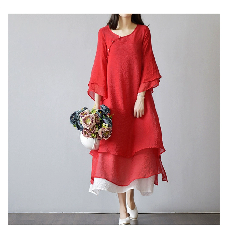 Váy hai lớp mùa hè cổ tích thanh lịch váy dài phục vụ trà văn học nữ và nghệ thuật retro Zen phong cách Trung Quốc quần áo phụ nữ cải tiến Hanfu - Váy dài