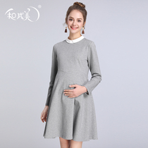 Autumn Winter Dress Pregnant Woman With Dress Woman In Dress Woman Long Sleeve Career Interview Tooling Ol full cotton knit skirt Bottom Skirt