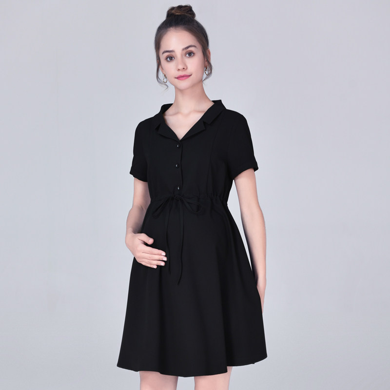 Pregnancy Woman Dress Summer New Fashion Middle Long Version Black Pregnant Woman Foreign Dress Women Career Interview Tooling Short Sleeve Dress