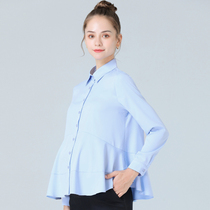 Pregnant womens autumn long sleeve shirt female pregnant woman interview pregnancy loose shirt blue work professional work shirt