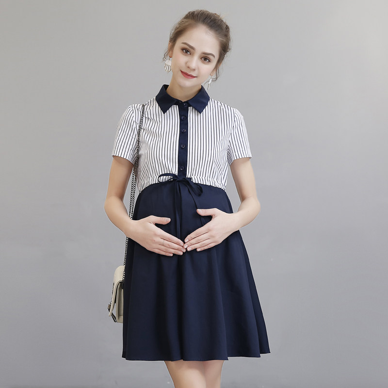 Pregnant women summer new slim professional dress OL pregnant women short-sleeved mid-length striped skirt work work dress