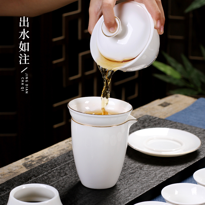 The Poly real scene suet jade kung fu tea set household custom sitting room office receive a visitor dehua white porcelain tureen tea cups