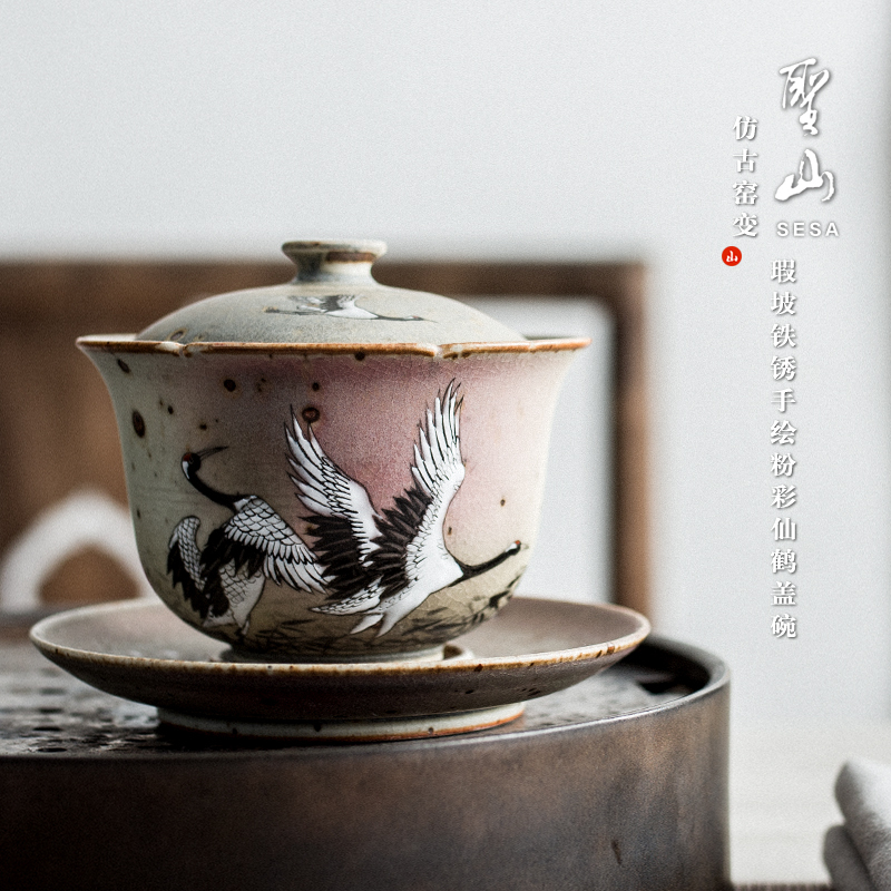 Poly real archaize jingdezhen up hand - made cranes tureen retro scene kung fu tea set ceramic tea three tureen