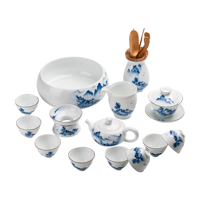 Chaoshan kungfu tea set suit household hand - made landscape light high - end key-2 luxury tureen tea cup of a complete set of ceramic teapot