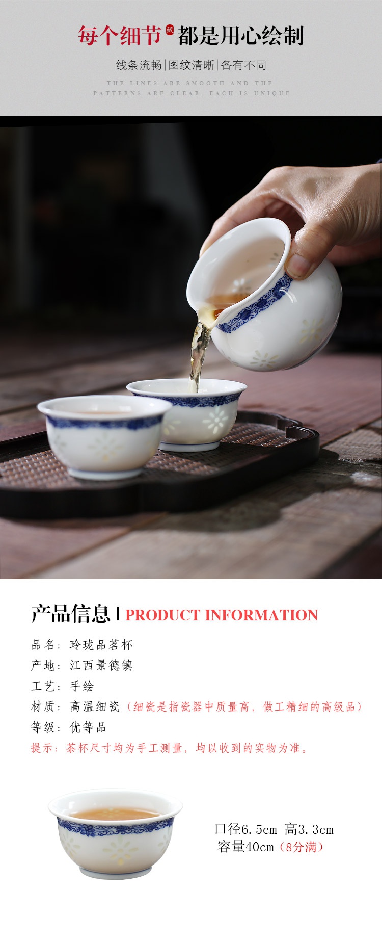 The Poly real jingdezhen manual exquisite scene hollow ceramic cups little single hand blue and white porcelain cup a cup of tea cups