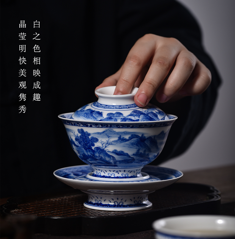 . Poly real scene three tureen suit only a single large jingdezhen checking home landscape thin foetus blue - and - white hand - made mercifully