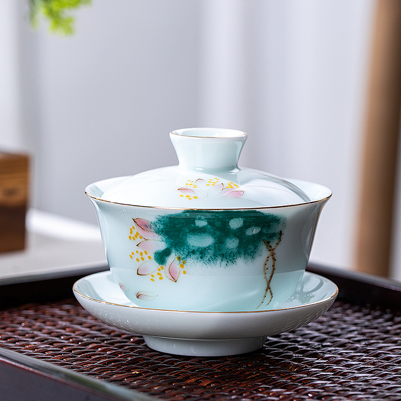 Hand made blue and white porcelain three only high - end individual household kung fu tea tea tureen large cups three fort tureen