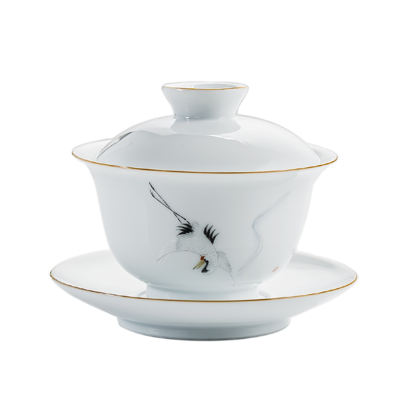 Poly real scene hand - made crane, jingdezhen ceramic tureen kung fu tea set three only tureen white porcelain tea tureen tea bowls