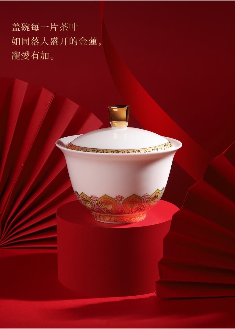 . Poly real scene dehua white porcelain kung fu tea set household Jin Yulian China high - end gift set three tureen support