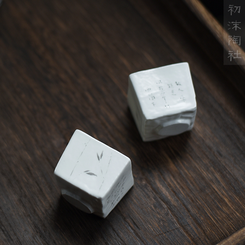 Poly real scene checking ceramic cups white pottery hand - drawn square cup household sample tea cup master cup kung fu tea set