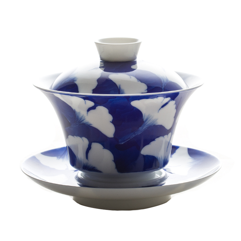 Poly real scene manual hand - made porcelain tureen FenShui ginkgo under the glaze color only three full use ceramic kung fu tea set