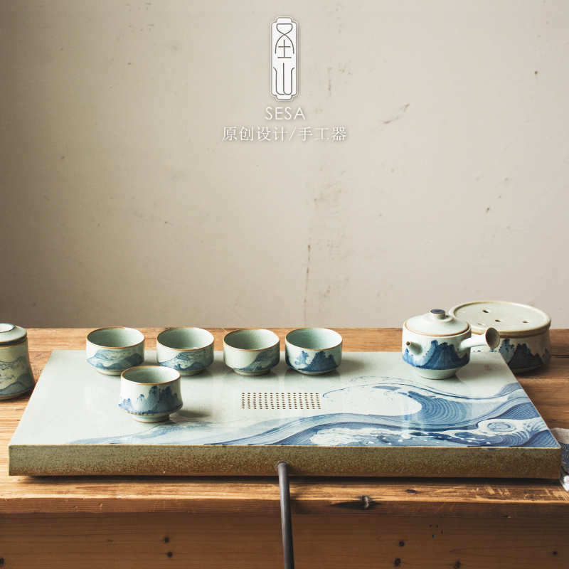 Poly real (the original scene large ceramic tea sets tea tray manual hand - made antique blue - and - white kung fu tea set drainage wet mercifully