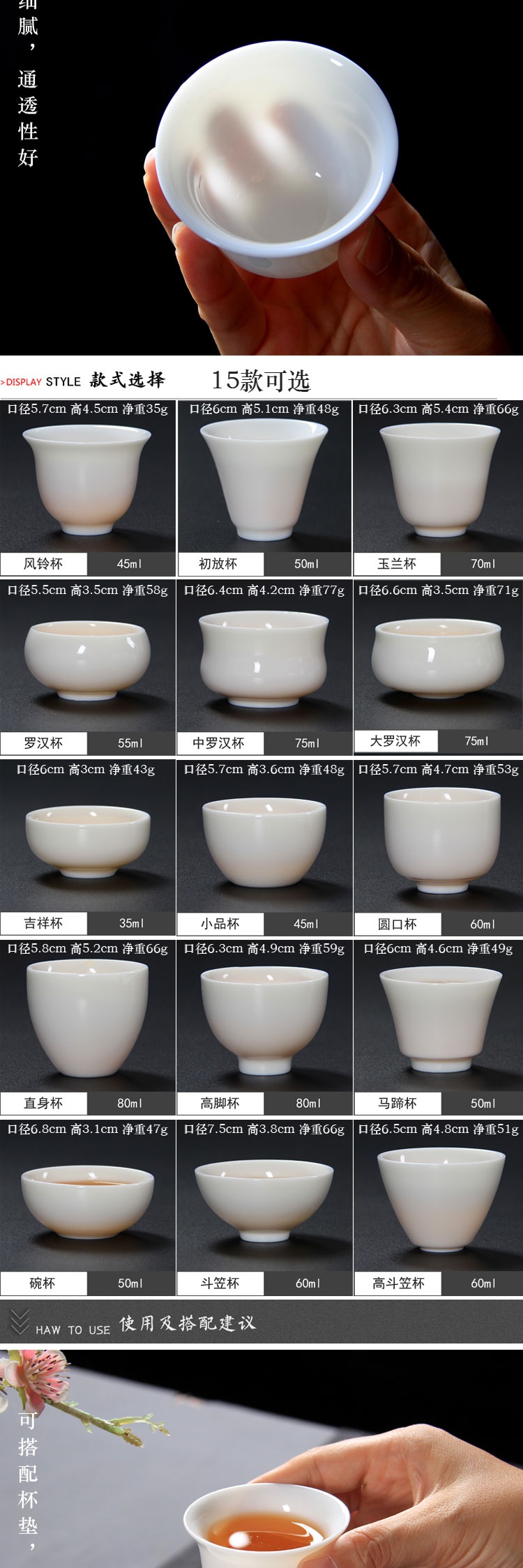 Dehua suet jade porcelain teacup kung fu tea set ceramic individual cup of white porcelain sample tea cup master cup noggin customization