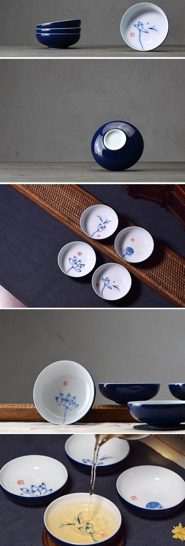 The Fish fun together scene of jingdezhen blue and white porcelain hand - made sample tea cup lotus ji blue glaze single CPU master cup kung fu tea cups