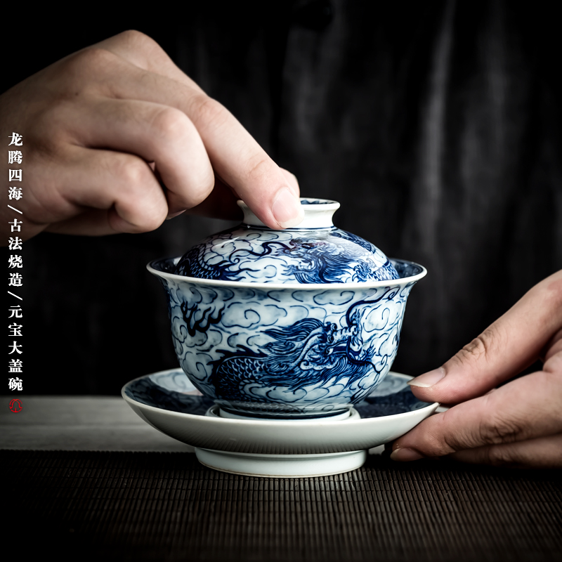 Poly real scene of jingdezhen blue and white tureen longteng grain pure manual hand - made maintain three tureen kung fu tea tea bowl