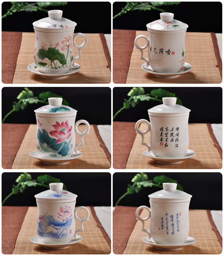 Jingdezhen blue and white, four pieces of glass ceramic tea set personal special glass with cover filter the meeting office tea cup