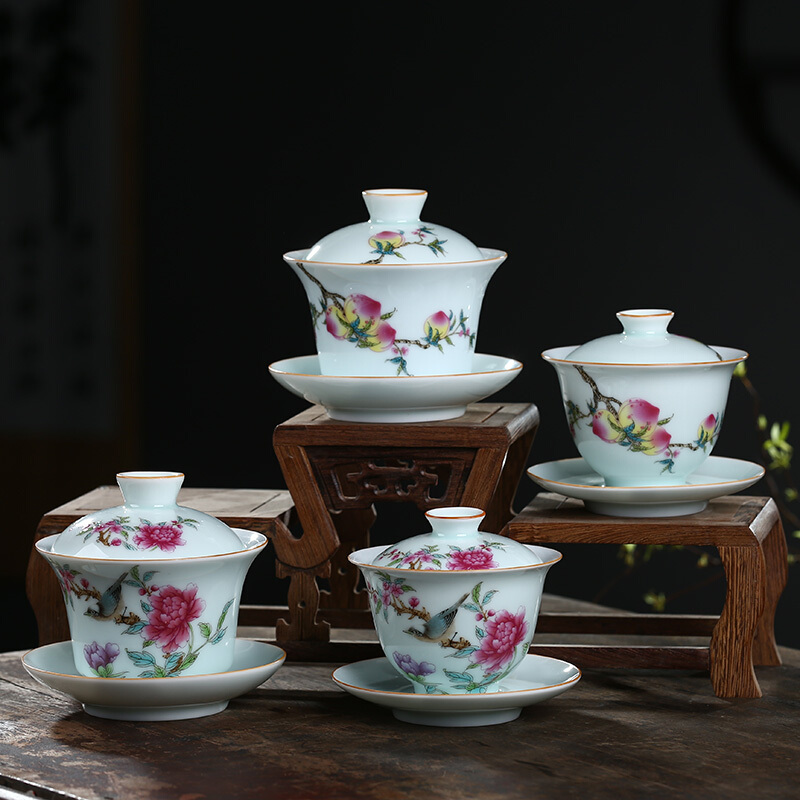 Poly real scene of jingdezhen ceramic tea set tureen tea cups three of the bowl bowl pastel shade celadon medium bowl of tea machine work