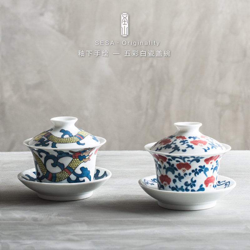 Poly real hand - made under glaze color scene tureen the original cloud embroidered white porcelain tea set ceramic cups three tea bowl of kung fu tea set
