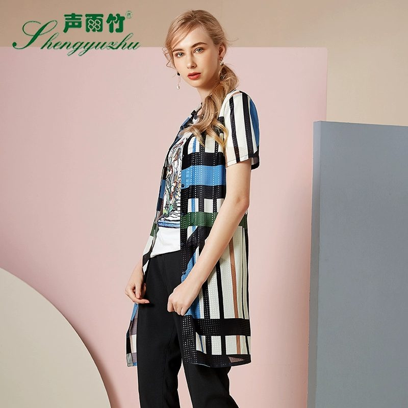 Shengyuzhu của phụ nữ truy cập mùa xuân và mùa hè giản dị nghệ thuật sọc kẻ sọc giữa chiều dài áo cardigan áo sơ mi rộng rãi - Áo sơ mi