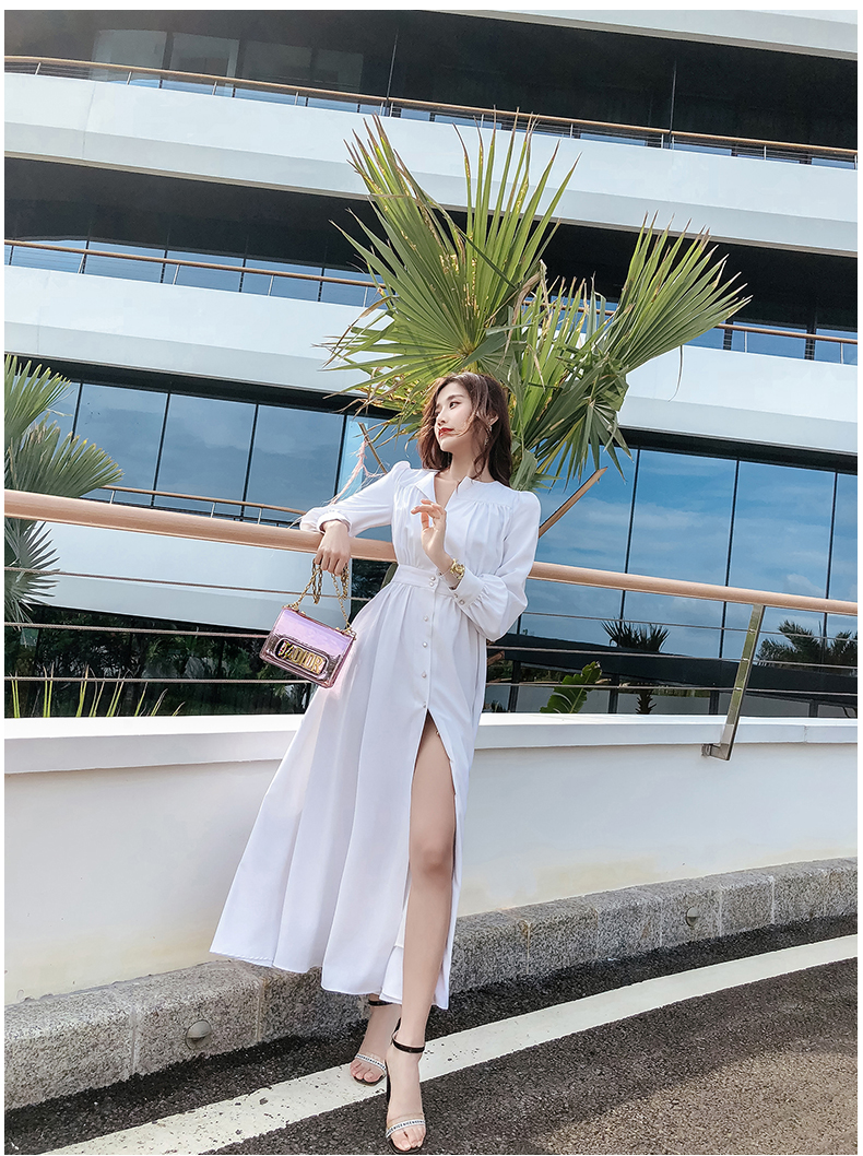 Hàn Quốc Lin 2019 mùa thu mới của phụ nữ váy Hàn Quốc eo trắng gợi cảm váy trắng chia váy dài - Váy dài váy dài qua đầu gối