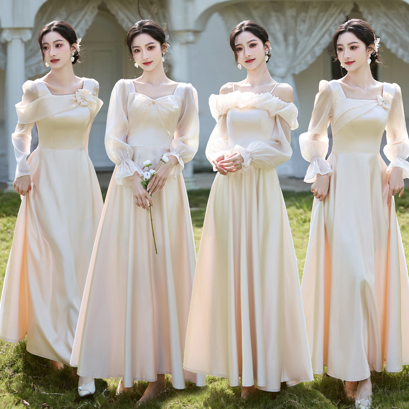 Bridesmaid Dress Satin 2026 New Style Long-Sleeved High-End Champagne Color Plus Size mm Sister Group Bridesmaid Dress Can Be Worn Casually