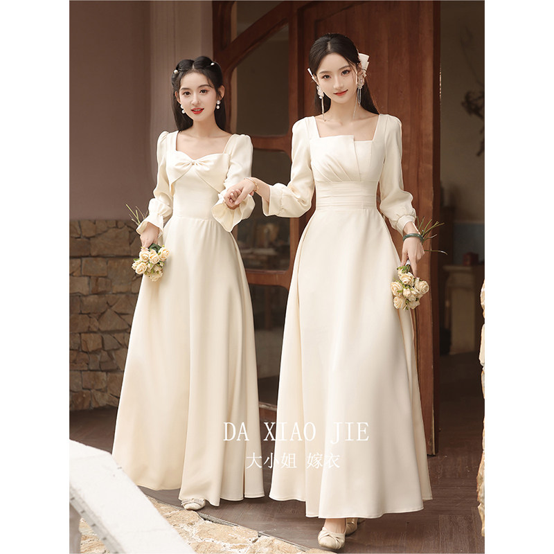 Bridesmaid's 2023 new temperament Long sleeves Sister Skirt Champagne can wear a small crowdsenior evening gown skirt Winter-Taobao