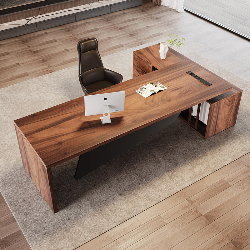 All-Solid Wood Office Desk with Side Cabinet, Simple Modern Creative Office General Manager Desk, Light Luxury High-End Executive Desk