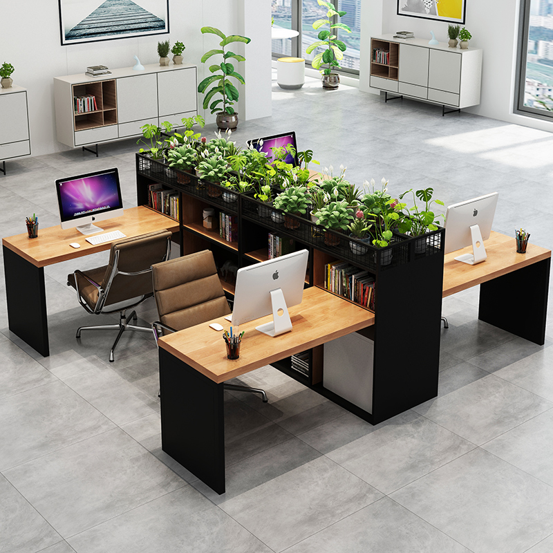 Industrial Wind Solid Wood Desk Brief Modern Staff Computer Desk 4 Artificial Position Partition Office Table And Chairs Combination