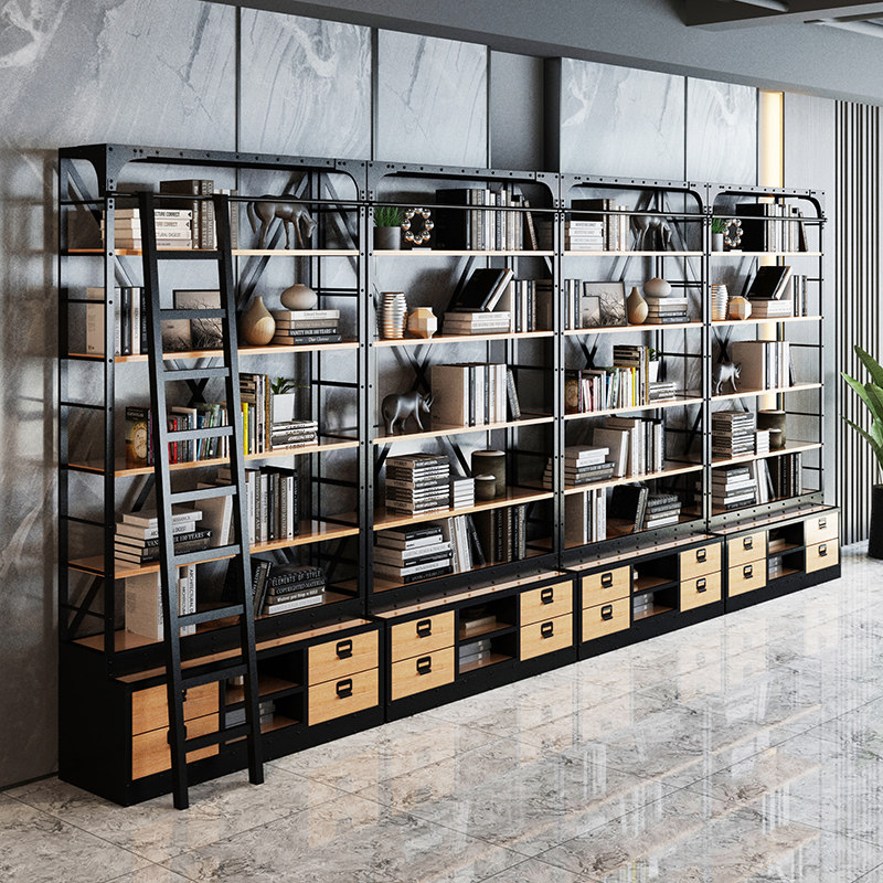 LOFT Nordic solid wood bookshelf custom wrought iron rack American retro floor-to-ceiling bookcase industrial wind full wall bookshelf