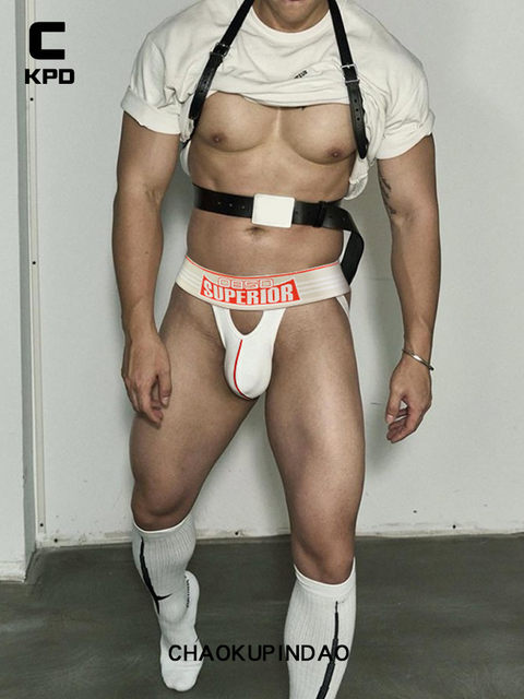 Trendy cool channel Open the skylight Huge sexy front crotch hole thong men's fitness sports comfortable cotton underwear