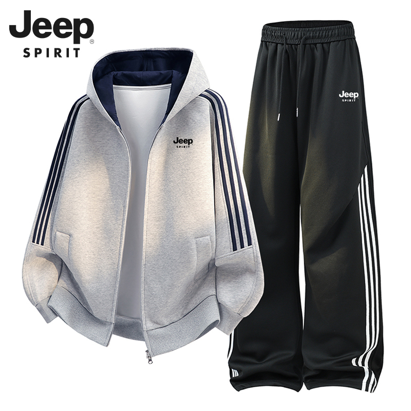 Jeep Casual Sports Suit for Women, Autumn Loose Fit, Petite Hooded Sweatshirt Jacket and Pants, Two-Piece Set for Middle School Students