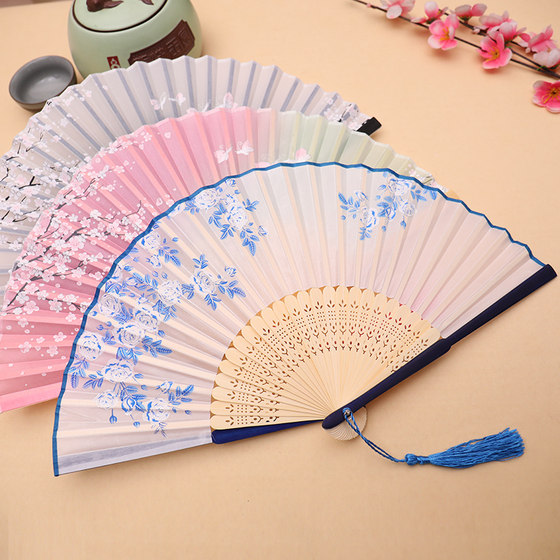 Fan folding fan Chinese style women's ancient style tassel summer portable classical ancient costume ancient Hanfu folding small bamboo fan