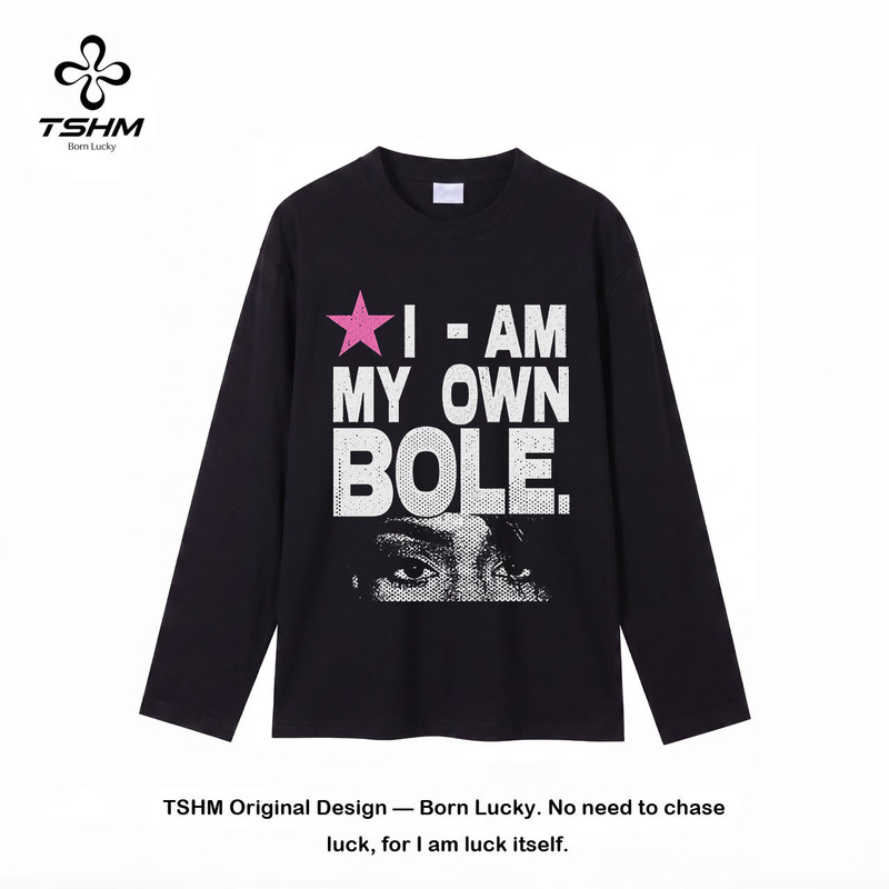 Born with Good Luck, Heavy Double Yarn Pure Cotton'I Am the Rule' High Street Versatile Long-Sleeved T-Shirt Retro Top