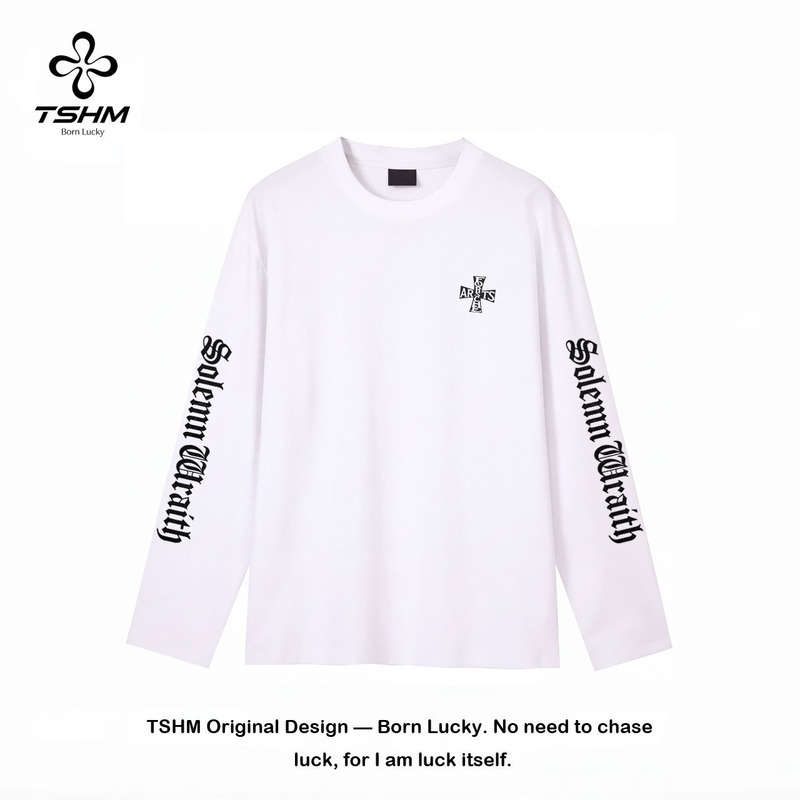 Born with Good Luck: Heavyweight Double Yarn Pure Cotton Long-Sleeve T-Shirt for Men and Women, Autumn and Winter Loose-Fitting Lazy Style Base Layer Top Born with Good Luck: Heavyweight Double Yarn Pure Cotton Long-Sleeve T-Shirt for Men and Women, Autumn and Winter Loose-Fitting Lazy Style Base Layer Top