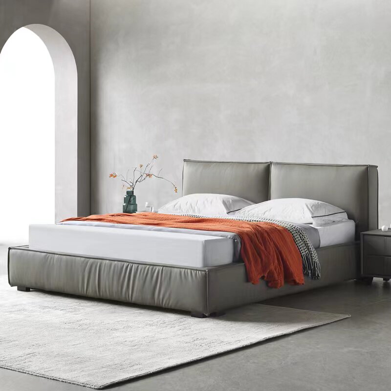 Willy-style minimalist leather bed genuine leather bed small family type master bedroom with double bed modern minimalist designer customizable storage bed-Taobao