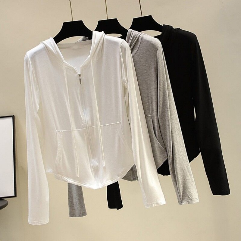 Spring and Summer Long-Sleeved T-Shirt for Women 2026 New Modal Outerwear Korean Style Curved Hem Sun Protection Hooded Cardigan Top
