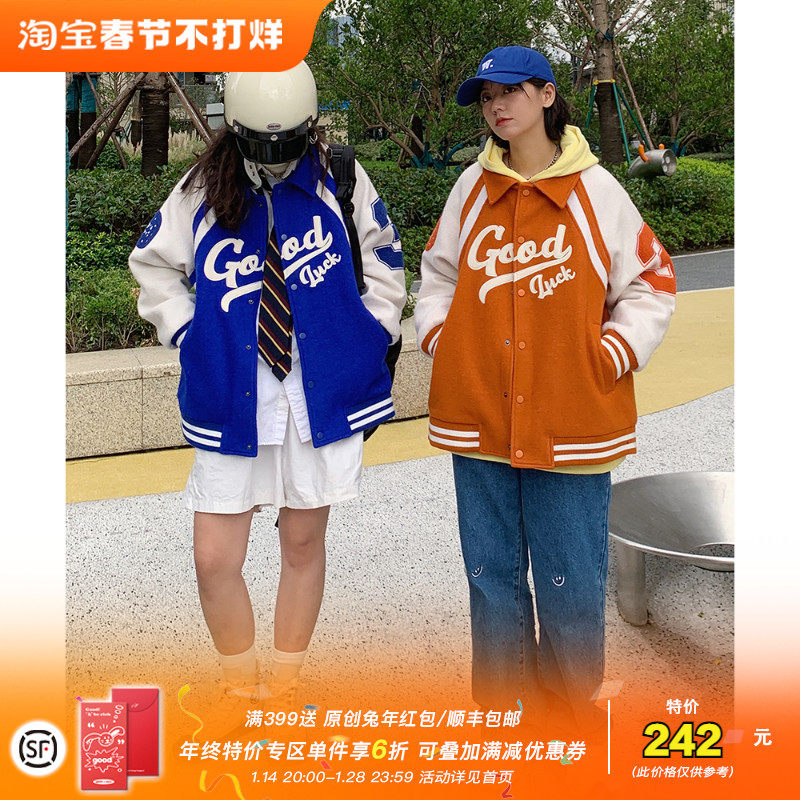 MeihaoStore lapel raglan sleeves GOOD appliqué embroidered baseball uniform couple woolen jacket