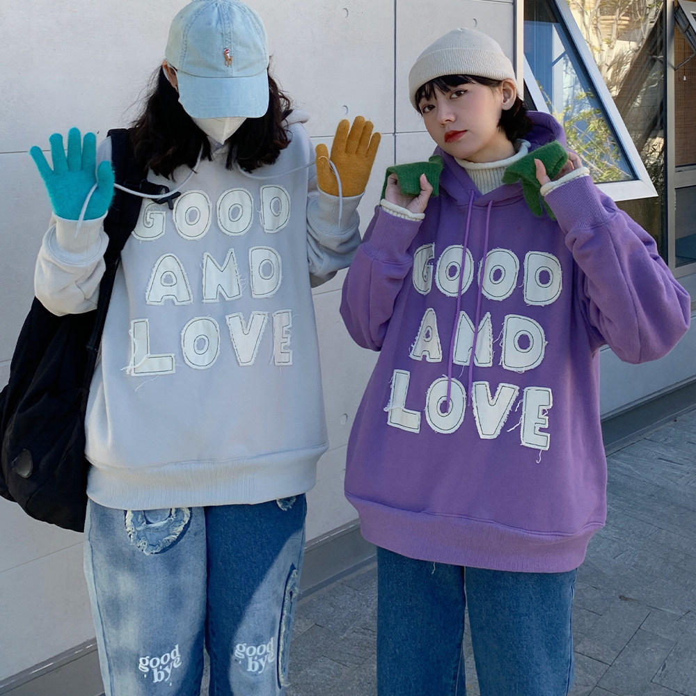 Beautiful store MeihaoStore letter cloth patch embroidered raw edge plus velvet hooded casual thick cotton men's couple jacket