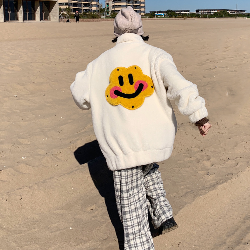 Nice store MeihaoStore rice white smiling face embroidered with detachable lamb wool jacket jacket