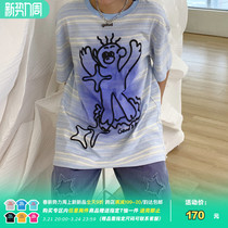 Nice store MeihaoStore light blue striped stars hand painted small man warm feeling discolored pure cotton short sleeve T-shirt