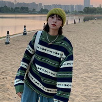 Beautiful store meihaostore autumn and winter retro crew neck sweater mens blue green and white stripes lazy wind sweater