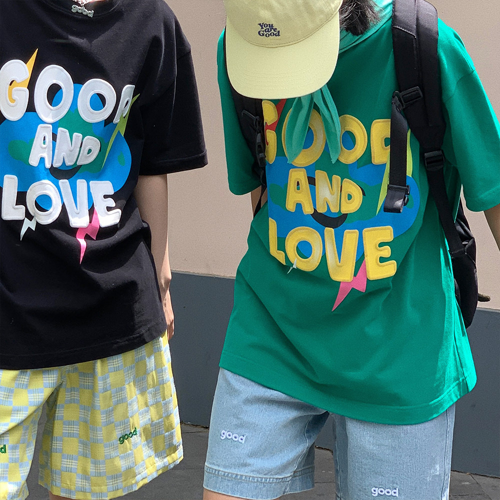 Nice store MeihaoStore Lightning Cloud Alphabet Cartoon Sparkling Printed Pure Cotton Short Sleeve Lovers