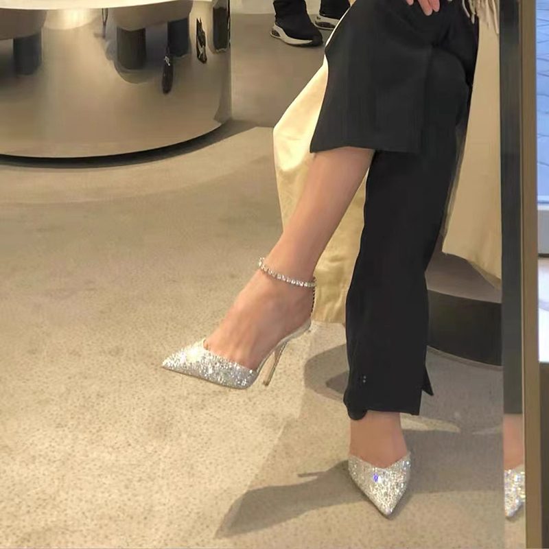 2025 Summer New Style Rhinestone White Sexy Pointed Toe Stunning High Heels Stiletto Closed Toe Ankle Strap Sandals for Women