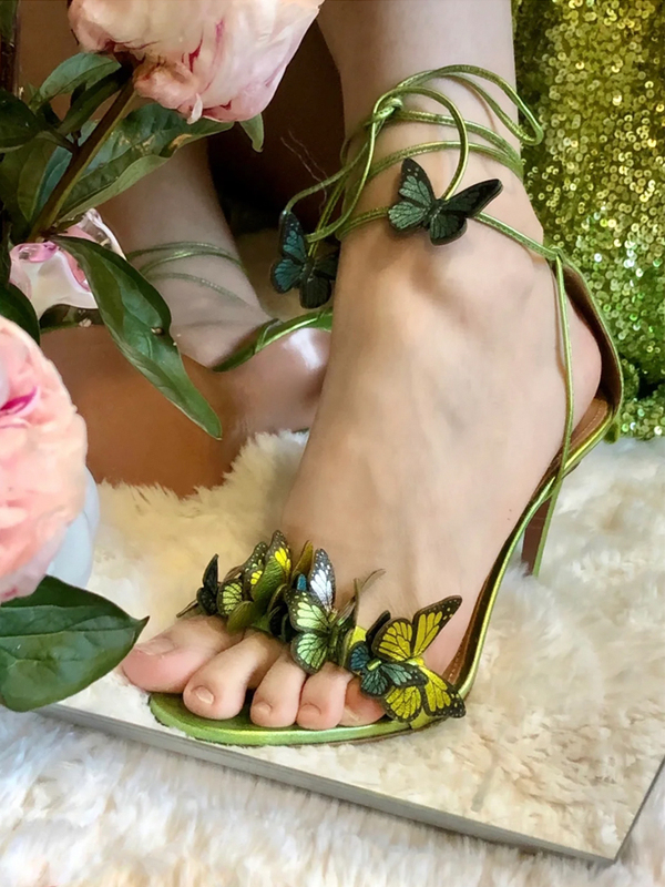 2026 Summer New Style Strappy Butterfly Green Sandals for Women, Round Toe, Single Strap, Stiletto Heels, Stunning High Heels