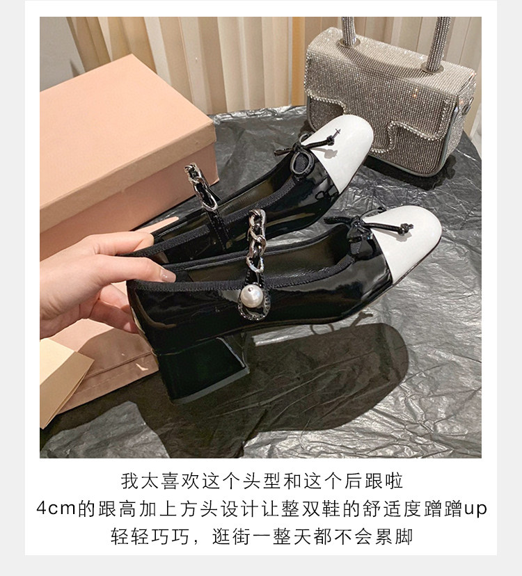 Туфли Мэри Джейн miu*法式复古中跟蝴蝶结高跟鞋粗跟方头一字扣小香风玛丽珍单鞋女 Rv&sw