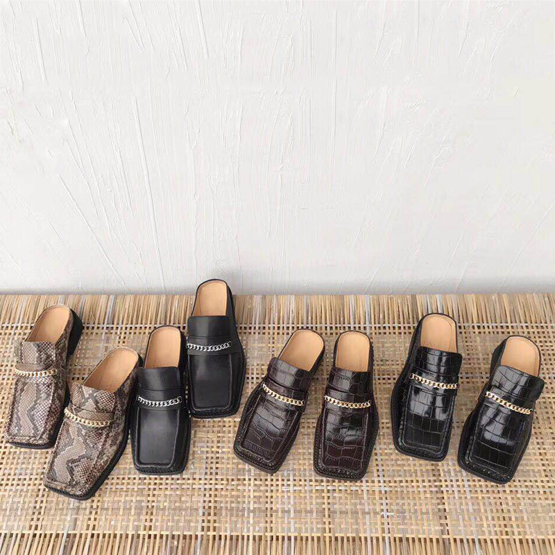 Thick-Soled Half-Slippers for Women, Same Style as Aixige, Leather Slippers for Outdoor Wear, British-Style Chunky Heel, Square Toe Mules, Closed-Toe Half-Slippers